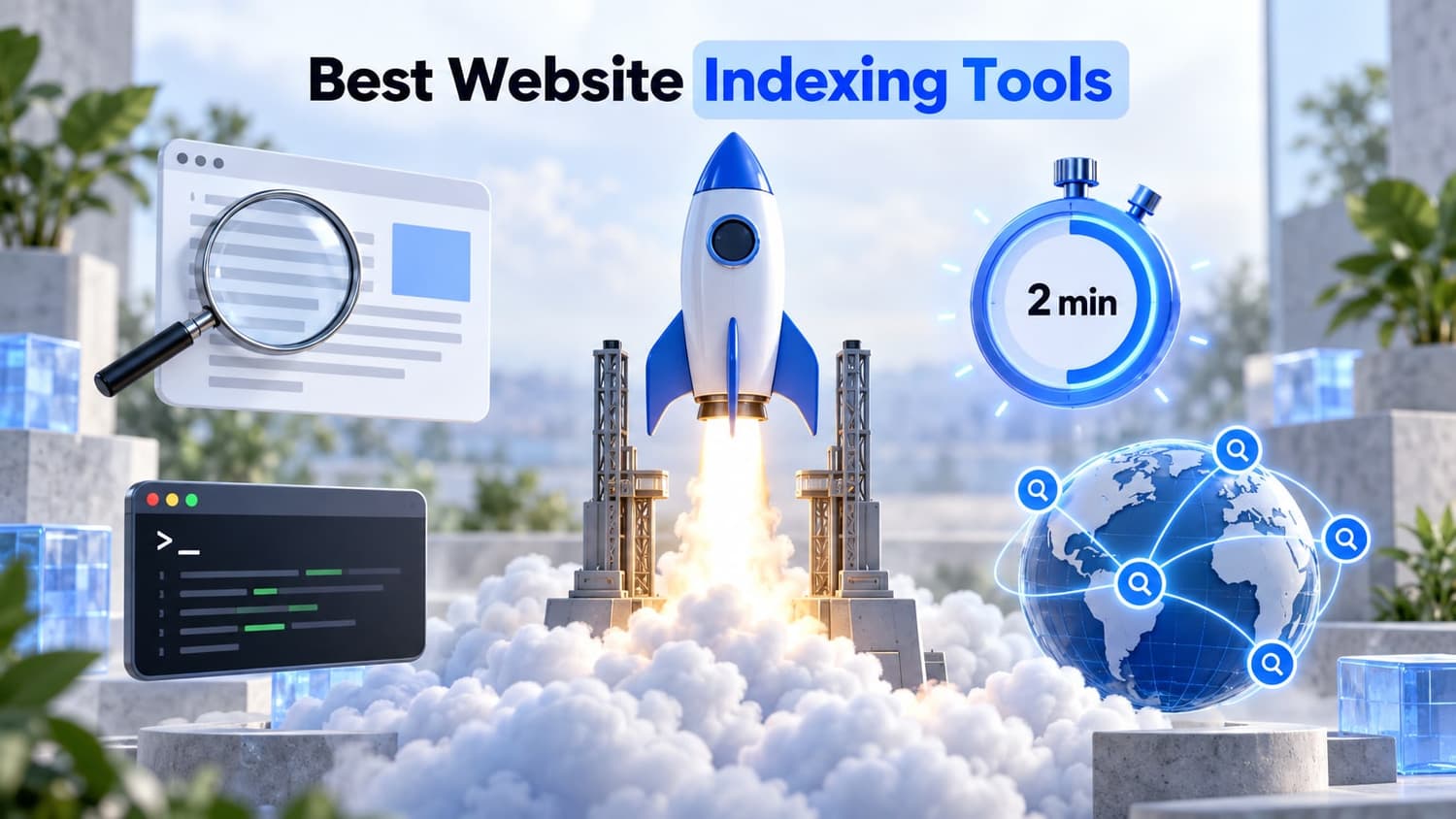 Best website indexing tools: a rocket launches past a 2-minute stopwatch, a search results page, a terminal and a globe of search pins.
