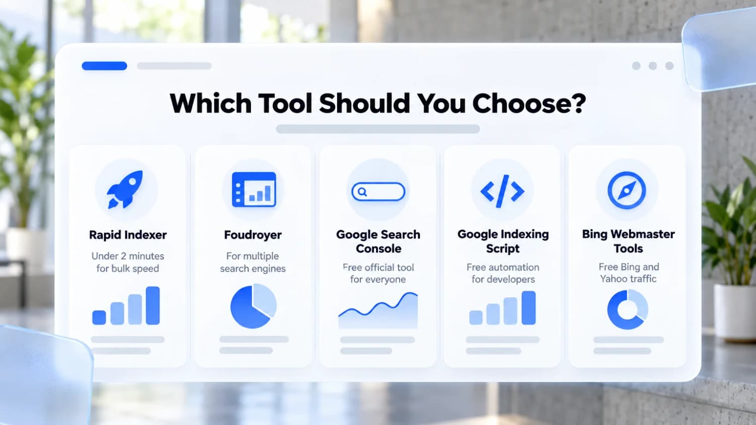 Which indexing tool to choose: Rapid Indexer, Foudroyer, Google Search Console, Google Indexing Script or Bing Webmaster Tools, with what each is for.
