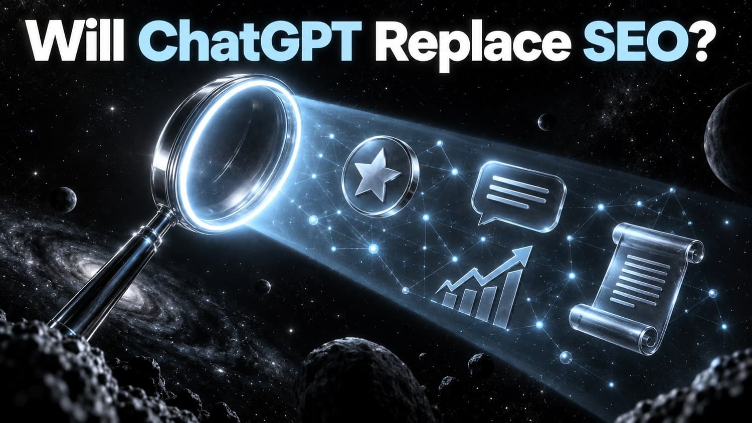 Will ChatGPT Replace SEO?: a giant glowing magnifying glass projecting a beam over a node network, a citation star, a text bubble, a trend line and a scroll