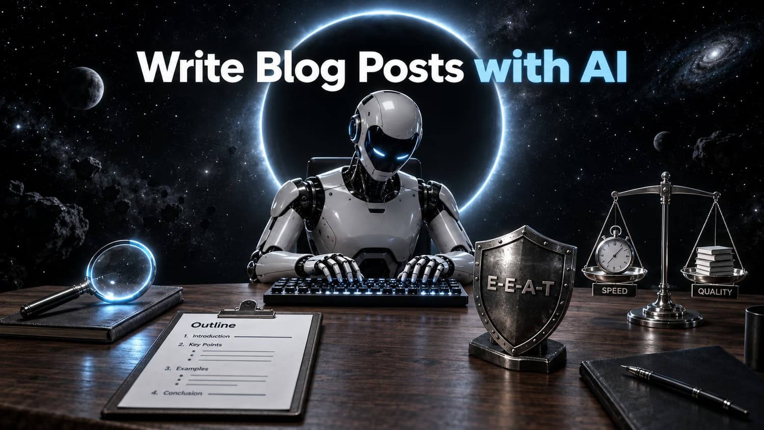 Write Blog Posts with AI: A writer robot at a desk typing, surrounded by a magnifying glass, outline clipboard, E-E-A-T shield, and a balance scale.
