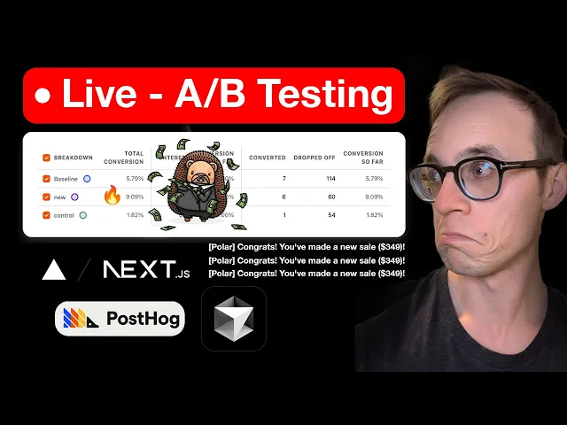 Youtube video My Entire A/B Testing Process (FULL Tutorial with Cursor AI, React, Next.js, PostHog, TypeScript)