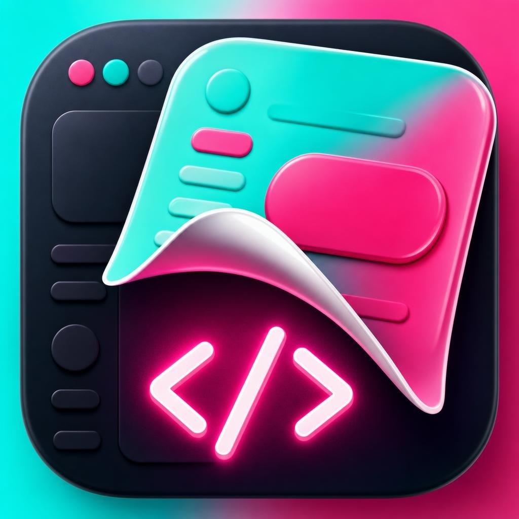 Peel UI app icon with glossy UI sticker peeling back to reveal a neon code symbol
