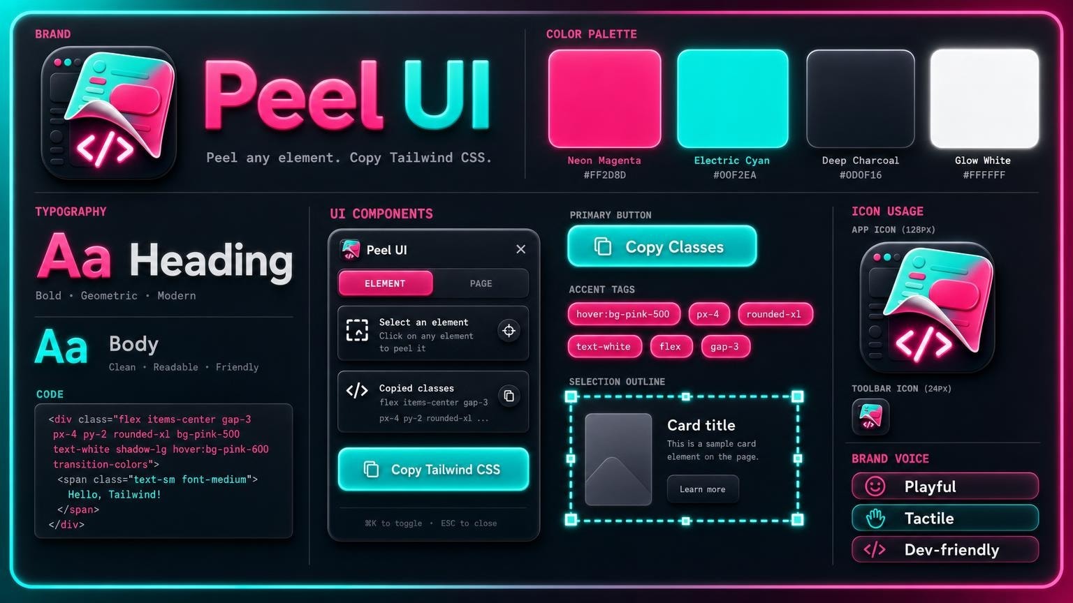 Peel UI brand guide cheat sheet with neon magenta and cyan palette, typography samples, and UI component mocks