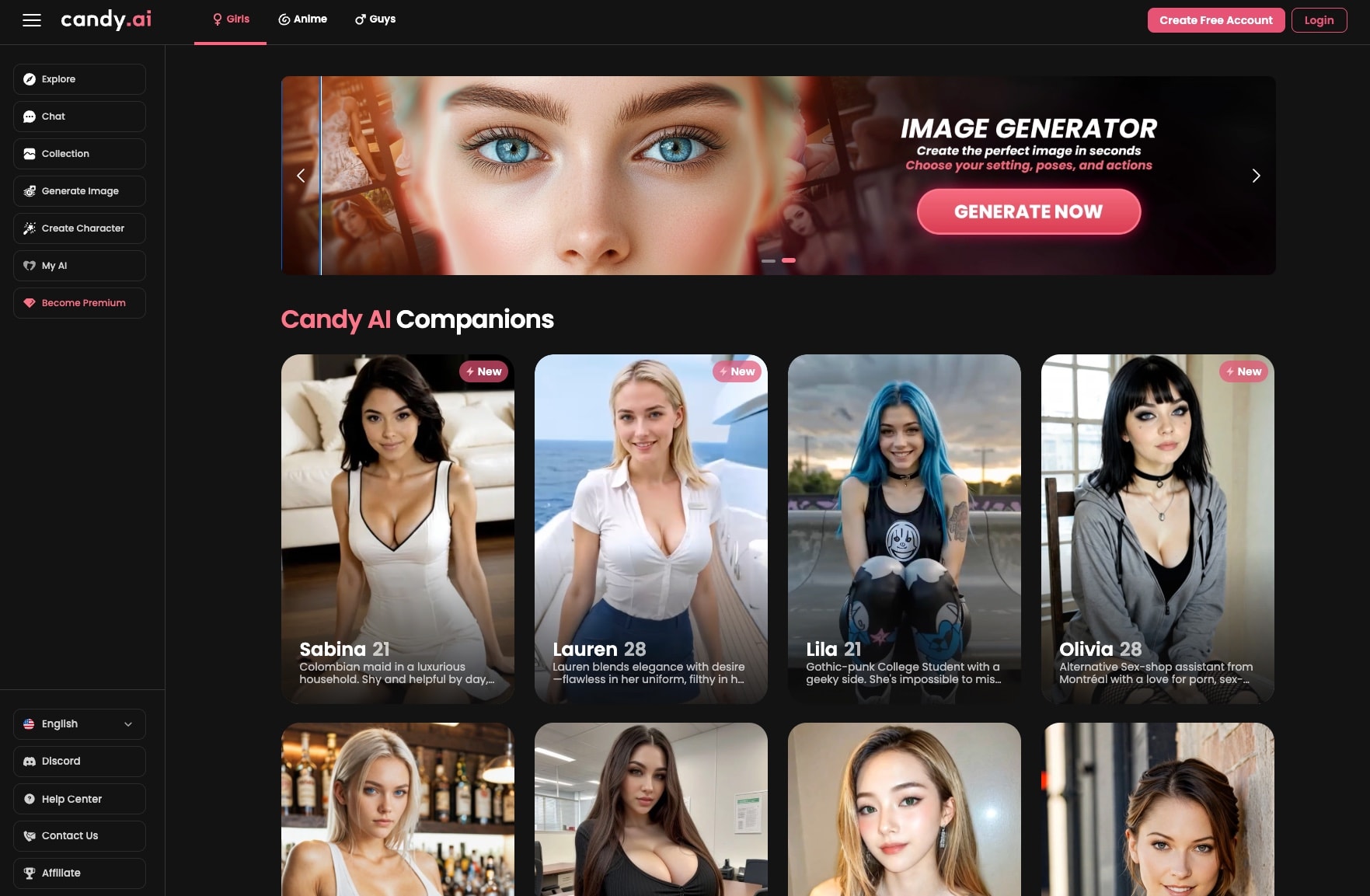 candy.AI interface showing a variety of AI characters with customizable visuals and voice options