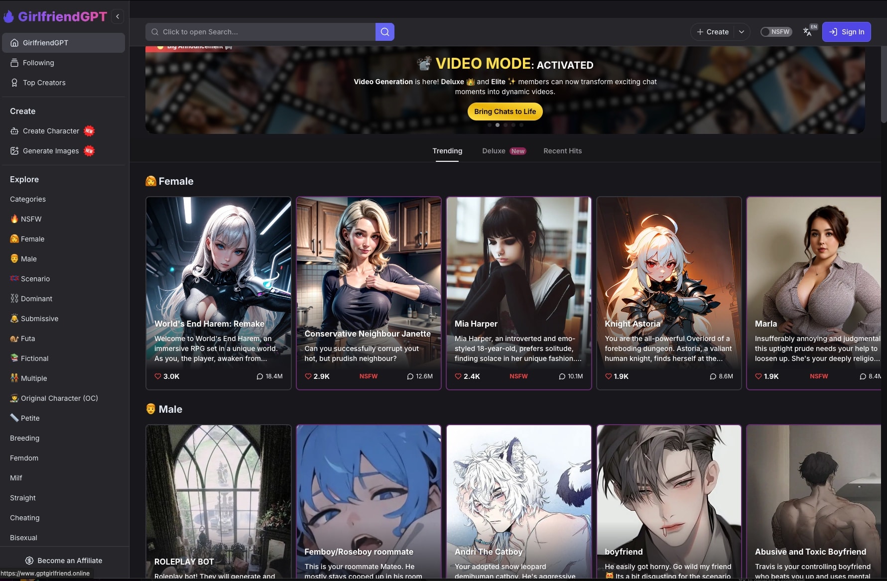 GirlfriendGPT interface showing diverse AI characters including anime and realistic options with video mode activated
