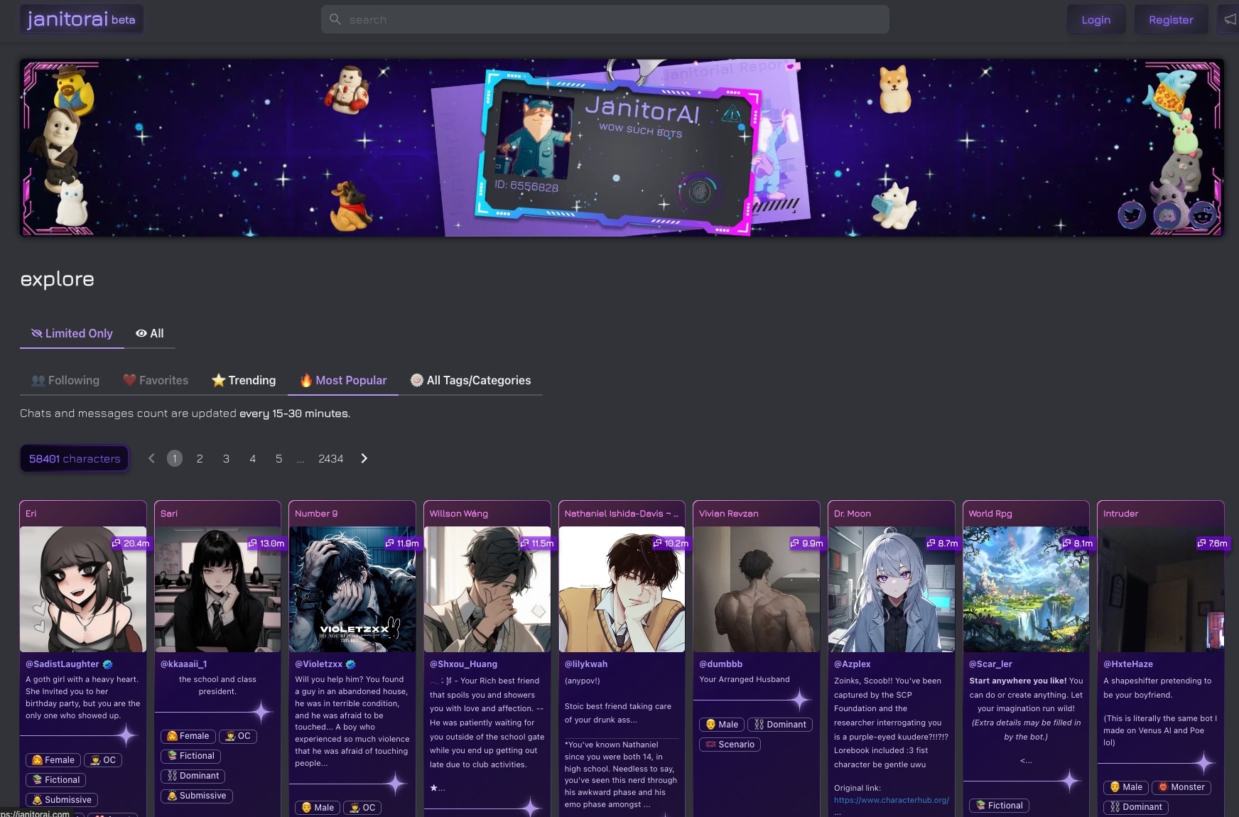 Janitor AI interface showing character selection with anime-style avatars and chat options