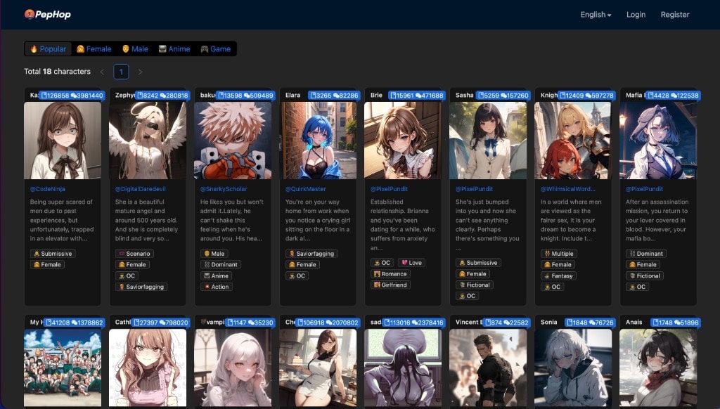 Pephop AI character browse page showing popular anime and roleplay chatbots with tags