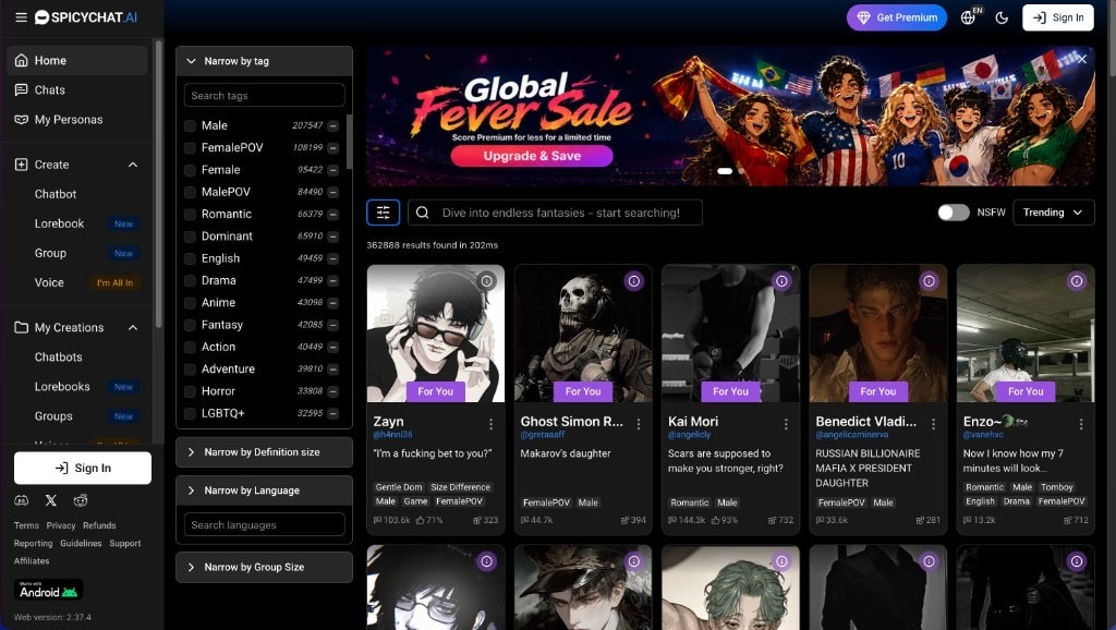 SpicyChat AI homepage showing character discovery grid, tag filters, and Global Fever Sale banner