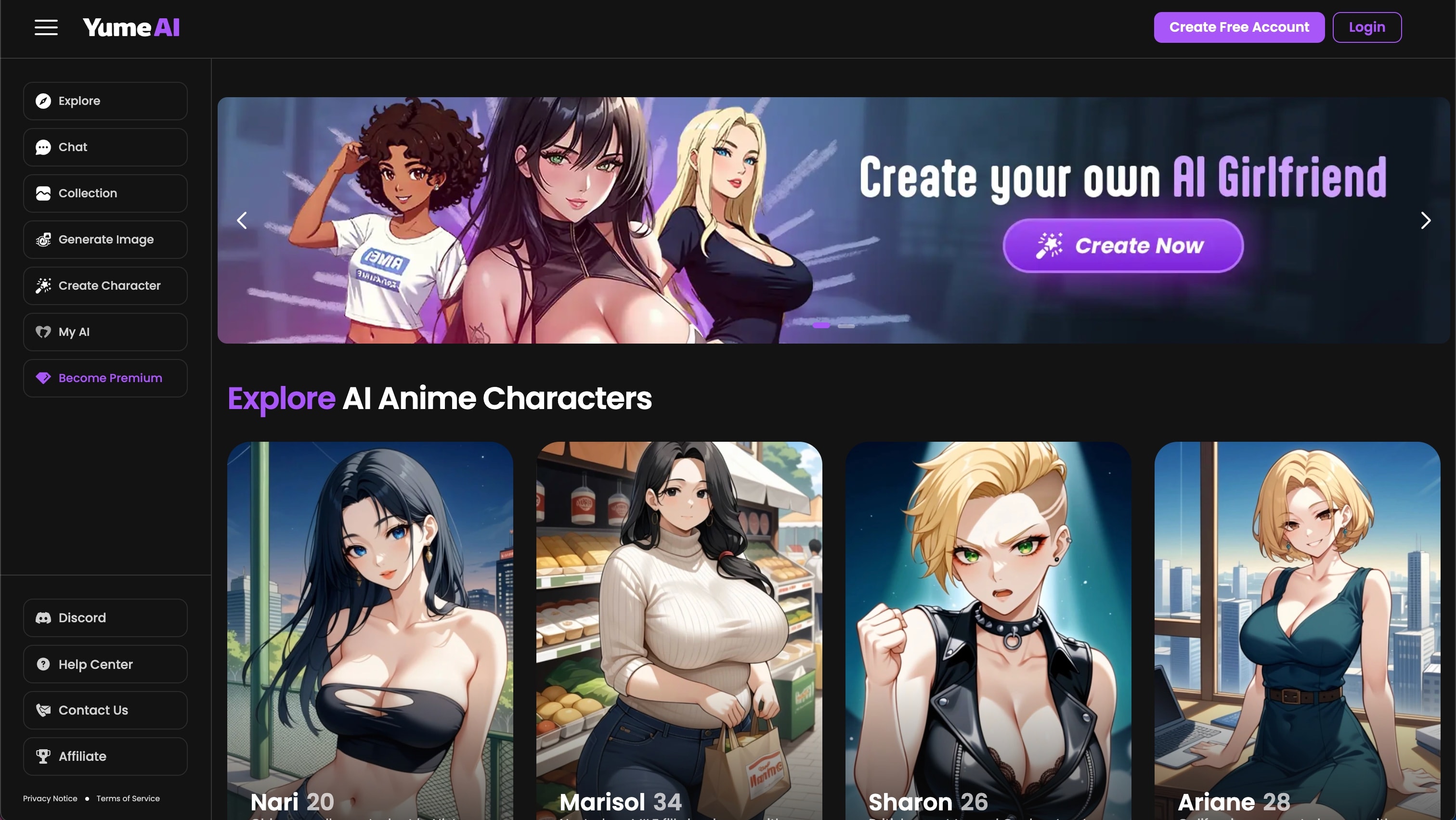 YumeAI interface showing a variety of AI characters with customizable visuals and voice options