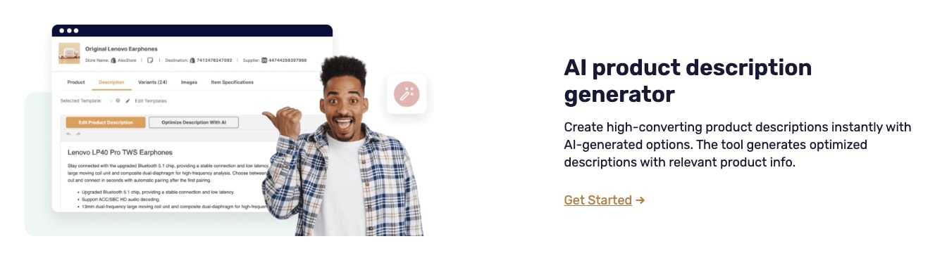 AutoDS AI product description generator showing automated content creation with product interface and optimization features for high-converting descriptions