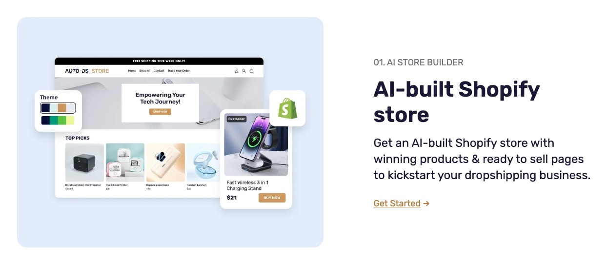 AutoDS AI store builder feature page showing Shopify store mockup with product listings and Get Started CTA
