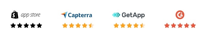 AutoDS app store ratings showing 5-star reviews on Shopify App Store, Capterra, GetApp, and G2 platforms