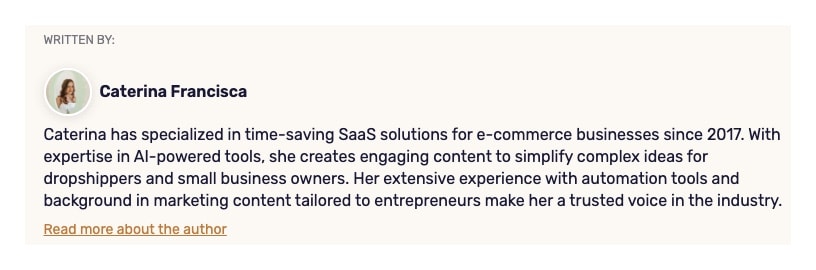 AutoDS author bio showing detailed expertise, specific timeline since 2017, and trusted voice positioning for EEAT credibility