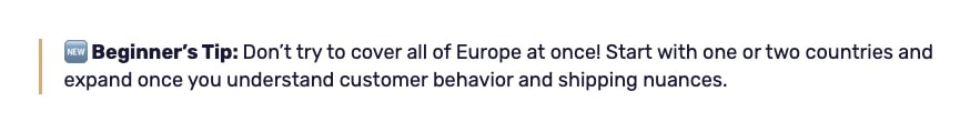 AutoDS beginner tip callout advising focused European market approach rather than broad expansion for new dropshippers