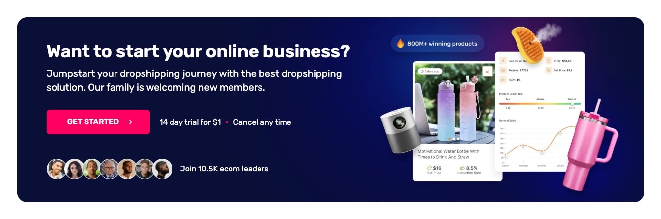 AutoDS blog call-to-action showing Want to start your online business with community leader avatars and $1 trial offer plus dashboard mockup