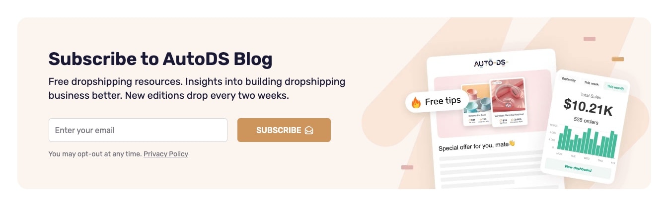 AutoDS email subscription with revenue visualization showing $10.21K dashboard mockup and clear value proposition