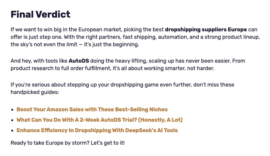 AutoDS final verdict section with related content links and motivational call-to-action to prevent reader exit