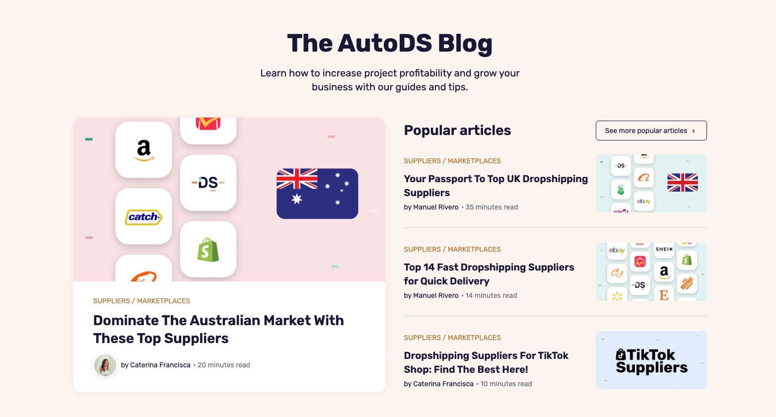 AutoDS blog homepage featuring popular articles about UK suppliers, fast delivery, and TikTok dropshipping with author bylines and read times