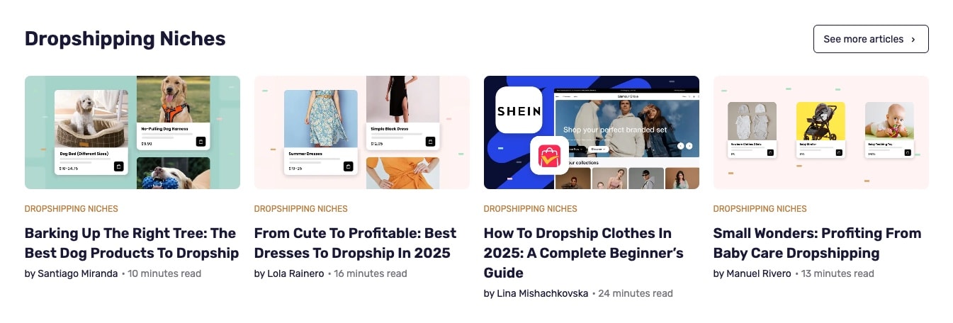 AutoDS blog niches section featuring specific dropshipping categories like dog products, dresses, SHEIN clothes, and baby care with detailed guides