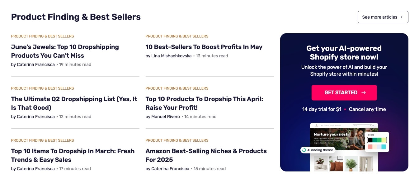 AutoDS blog product finding section showing seasonal content strategy with AI-powered Shopify store CTA and $1 trial offer