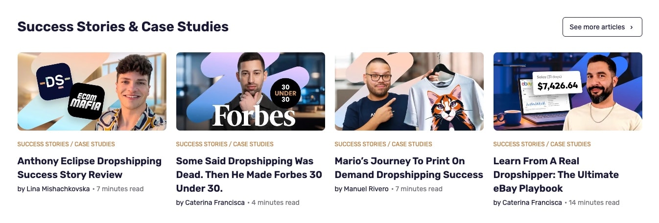 AutoDS blog success stories featuring real entrepreneurs like Anthony Eclipse, Forbes 30 Under 30 achievers, and specific revenue examples like $7,426.64