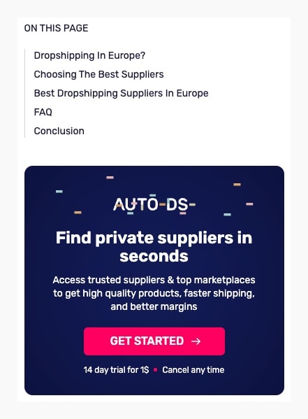 AutoDS sidebar CTA with dark blue background, clear value proposition for private suppliers, and prominent GET STARTED button