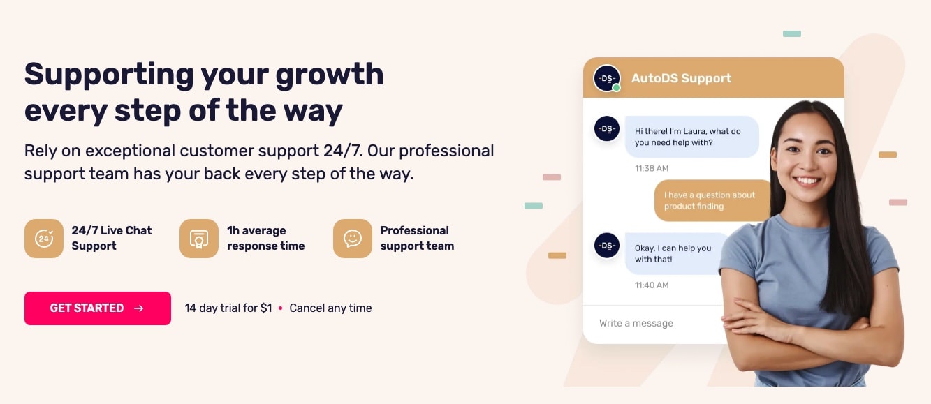 AutoDS customer support section showing 24/7 live chat with support agent Laura and response time guarantees
