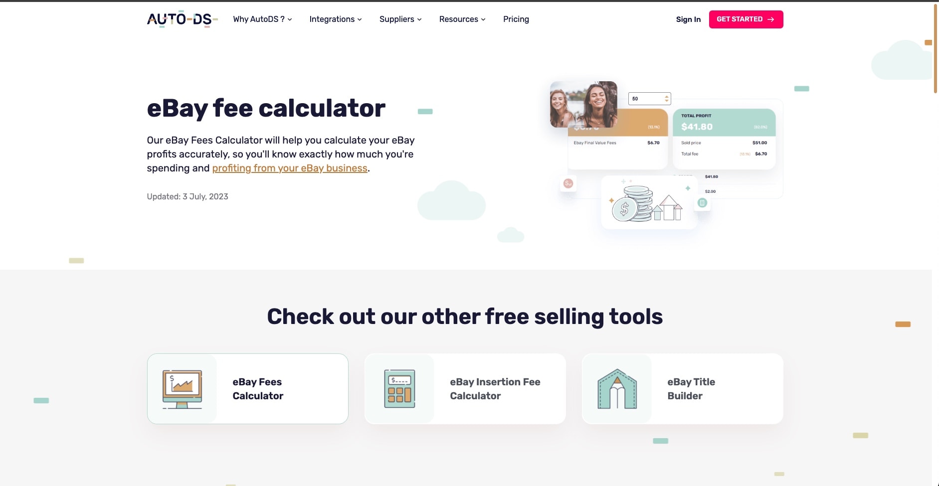 AutoDS eBay fee calculator tool page with profit calculation interface showing total profit of $41.60 and business growth messaging