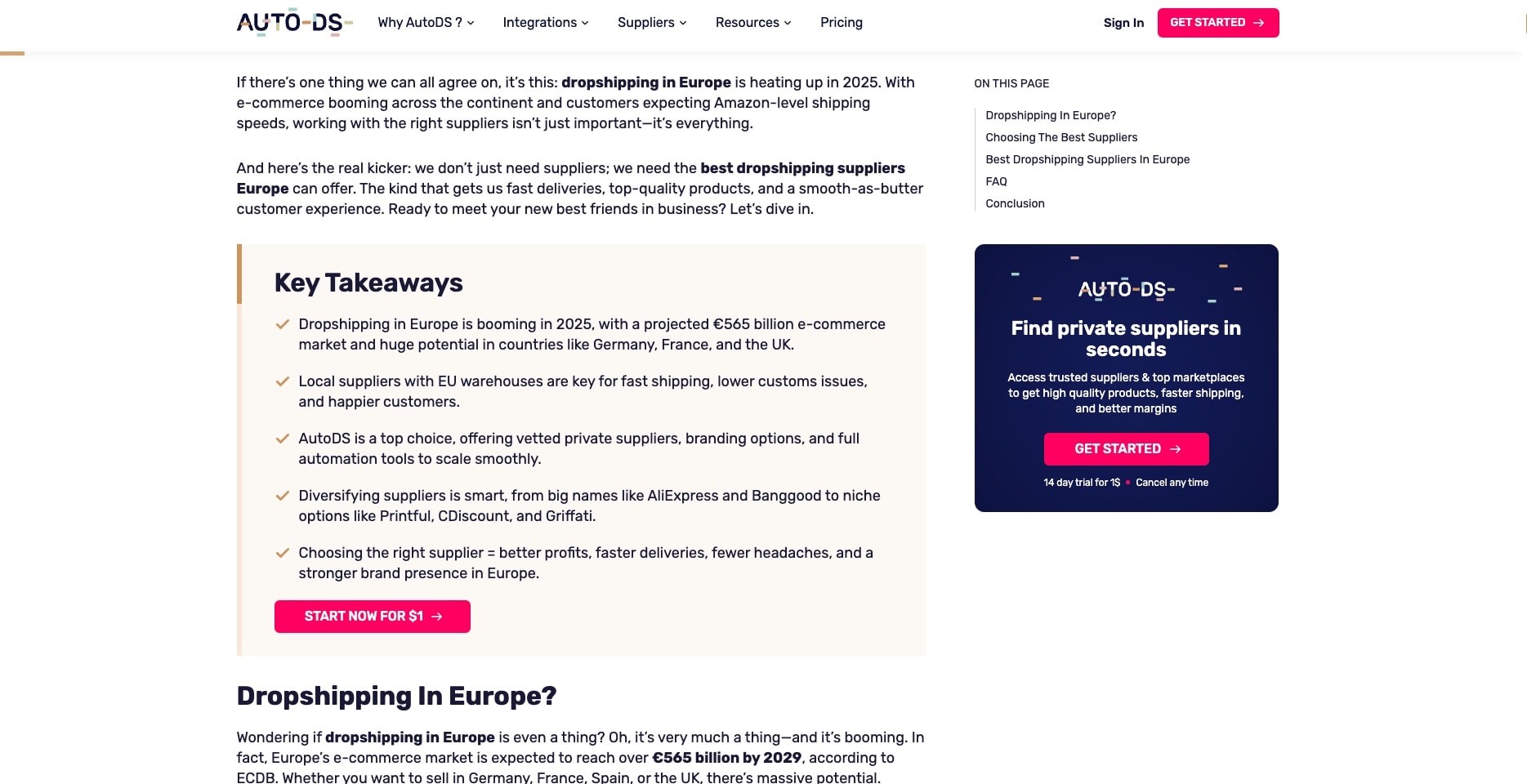 AutoDS European dropshipping analysis showing €565 billion market opportunity with key takeaways and practical supplier benefits