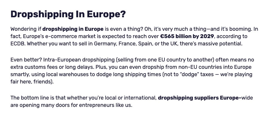 AutoDS European dropshipping market education explaining €565 billion opportunity with intra-European shipping benefits and local warehousing advantages