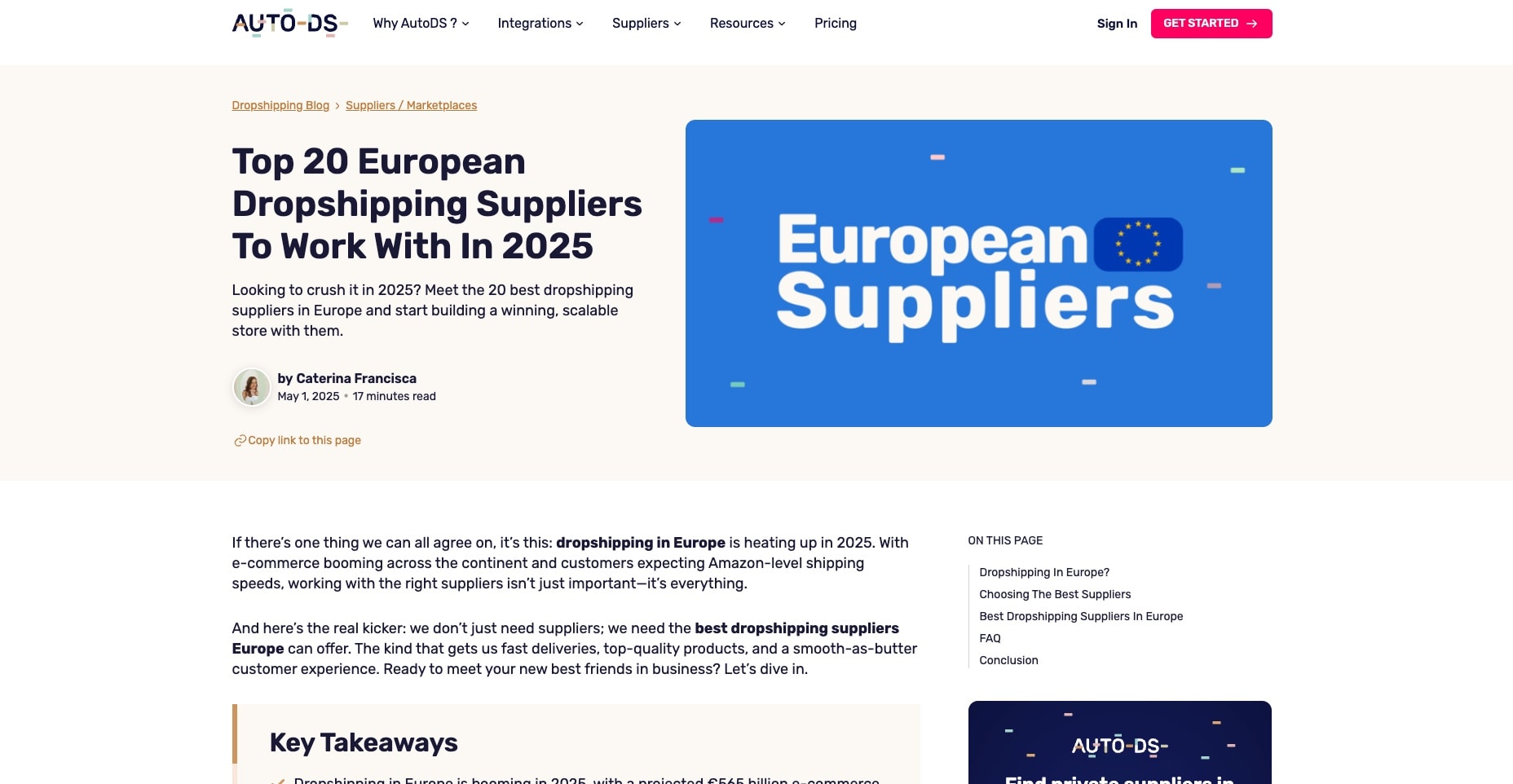 AutoDS European suppliers blog post featuring geographic targeting with EU flag graphic, author byline, and share functionality