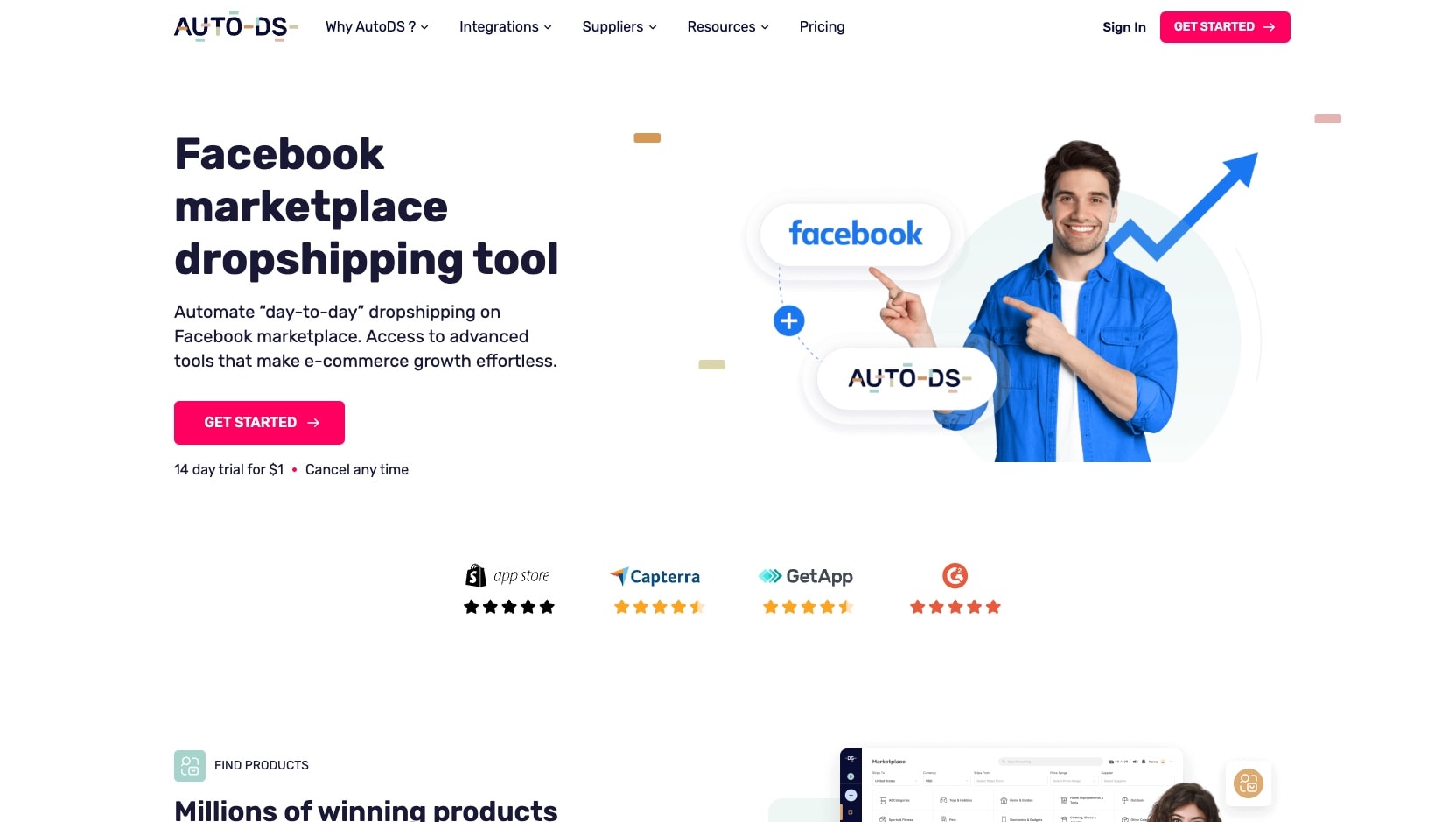 AutoDS Facebook marketplace dropshipping tool featuring automation benefits, growth messaging, and platform ratings with success visualization