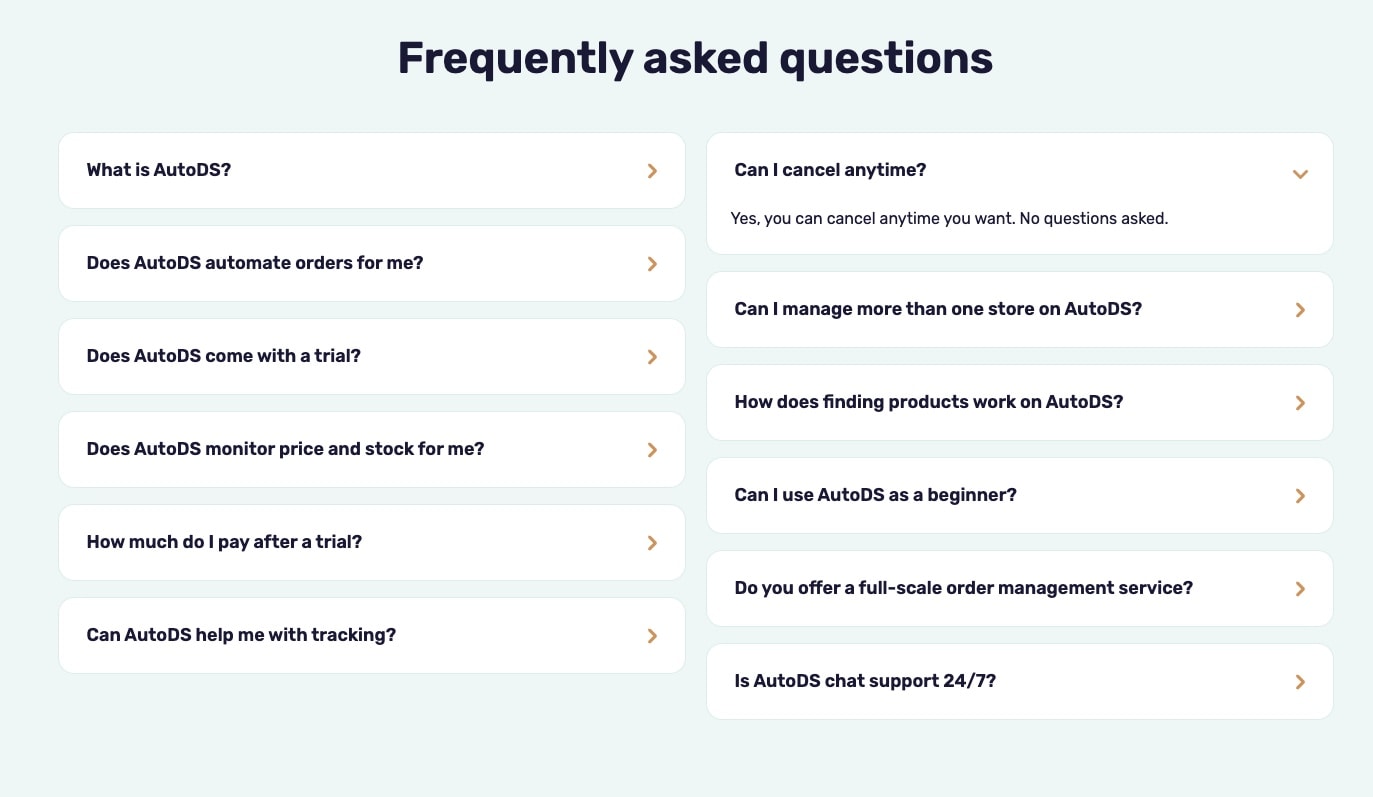 AutoDS FAQ section with common questions about trial, automation, pricing, tracking and beginner-friendliness