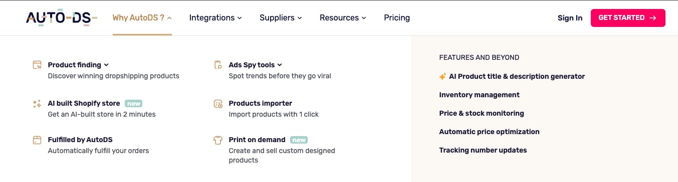 AutoDS navigation dropdown showing organized features including Product finding, AI built Shopify store, Fulfilled by AutoDS, and Print on demand