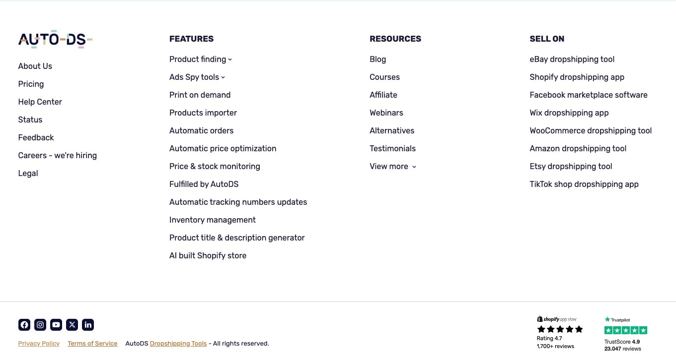 AutoDS comprehensive footer with organized feature links, platform integrations, resources, and trust badges from Shopify and Trustpilot
