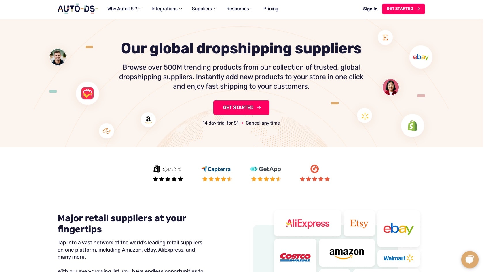 AutoDS global suppliers page featuring 500M+ products, major retail partnerships, platform ratings, and comprehensive supplier network visualization