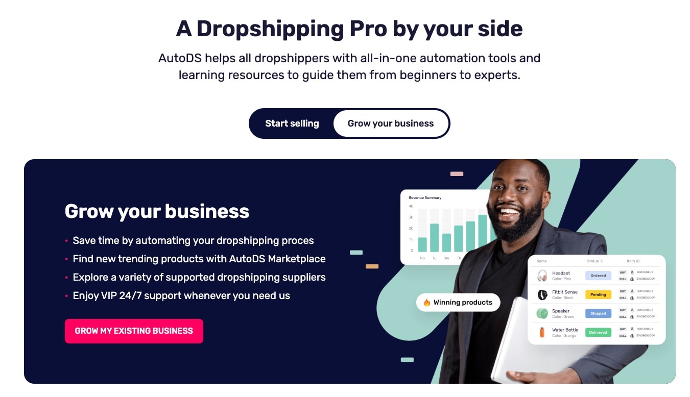 AutoDS grow business section for existing sellers showing automation benefits, marketplace access, and order management dashboard
