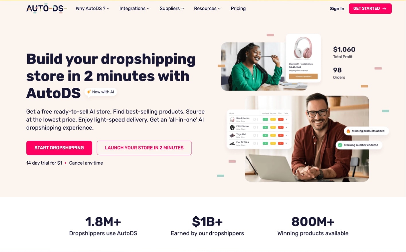 AutoDS homepage hero section with 2-minute store builder headline, $1 trial CTA, and social proof numbers showing 1.8M+ users