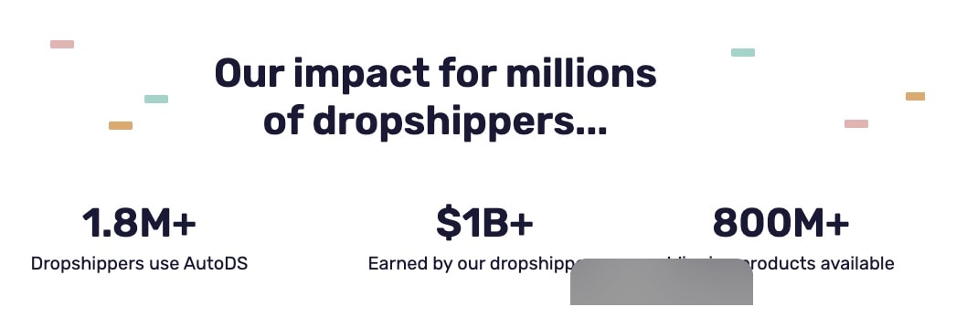 AutoDS impact metrics showing 1.8M+ dropshippers, $1B+ earned by users, and 800M+ winning products available for massive scale social proof