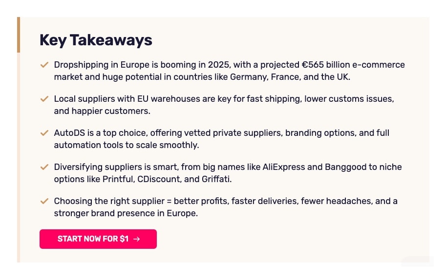 AutoDS key takeaways section with checkmarks, clear bullet points, and strategic CTA placement after value delivery