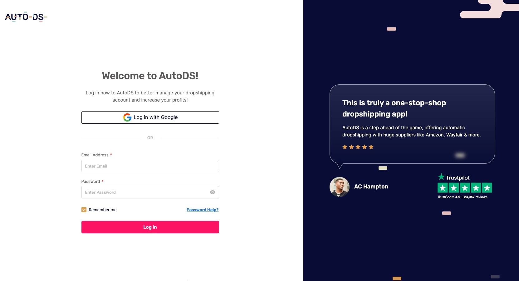 AutoDS login interface featuring Google login option, email/password form, and AC Hampton testimonial with Trustpilot ratings for credibility