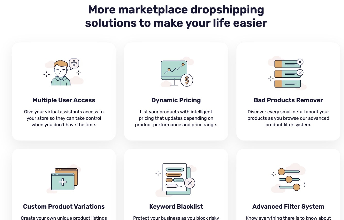 AutoDS marketplace solutions featuring Multiple User Access, Dynamic Pricing, Bad Products Remover, Custom Variations, Keyword Blacklist, and Advanced Filters