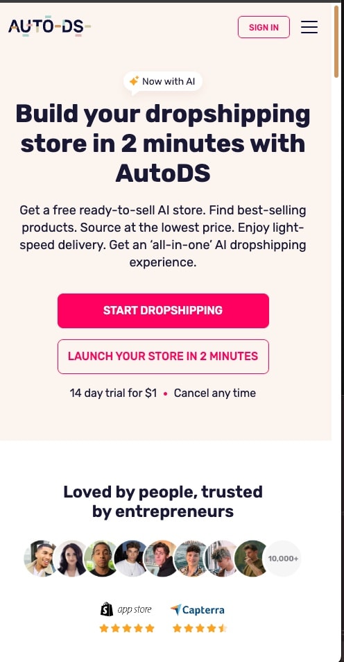 AutoDS mobile homepage featuring 2-minute store builder headline, dual CTAs, AI badge, and social proof with user avatars and ratings