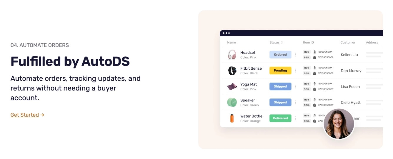 AutoDS order fulfillment dashboard showing automated order tracking with status updates and customer information