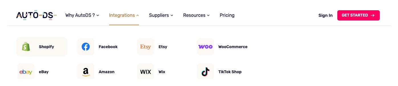 AutoDS integrations page showing major e-commerce platforms including Shopify, Facebook, Etsy, WooCommerce, eBay, Amazon, Wix, TikTok Shop