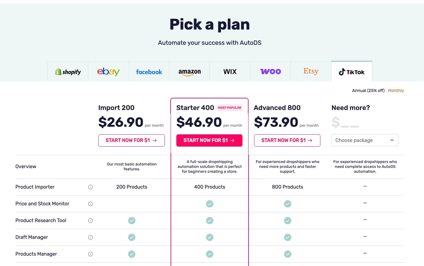 AutoDS alternative pricing structure with Import 200 ($26.90), Starter 400 ($46.90), Advanced 800 ($73.90) showing different price points
