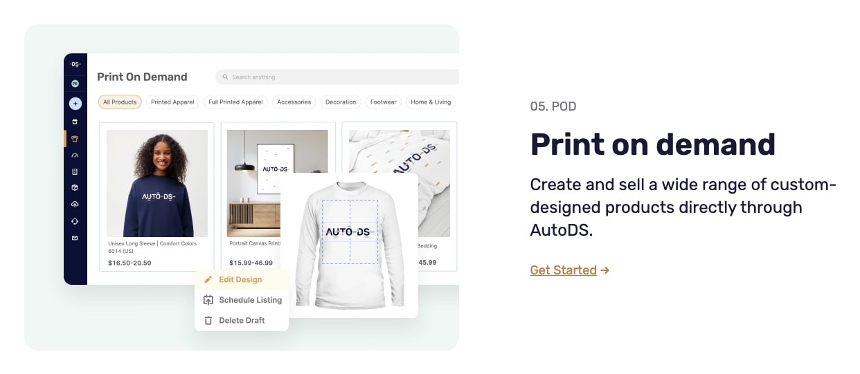 AutoDS print on demand interface showing custom AutoDS-branded apparel with pricing and design customization options