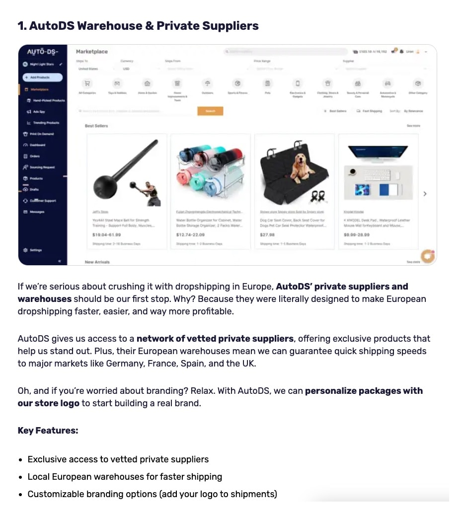 AutoDS private suppliers dashboard showing marketplace interface with product categories, pricing, and European warehouse capabilities
