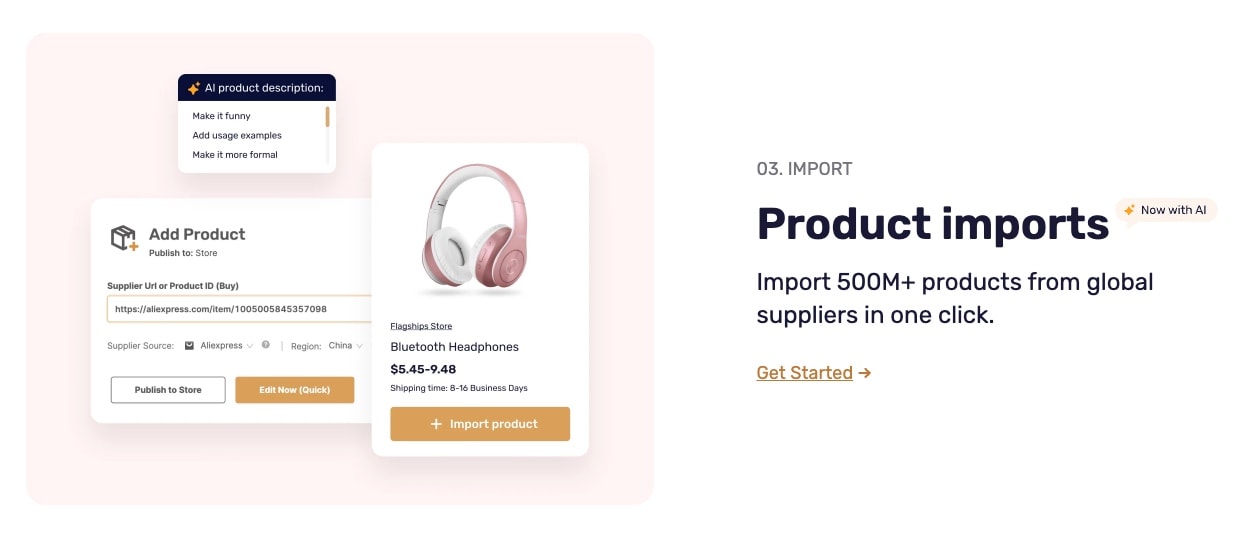 AutoDS product import interface showing AliExpress headphones import with AI description generator and one-click import button