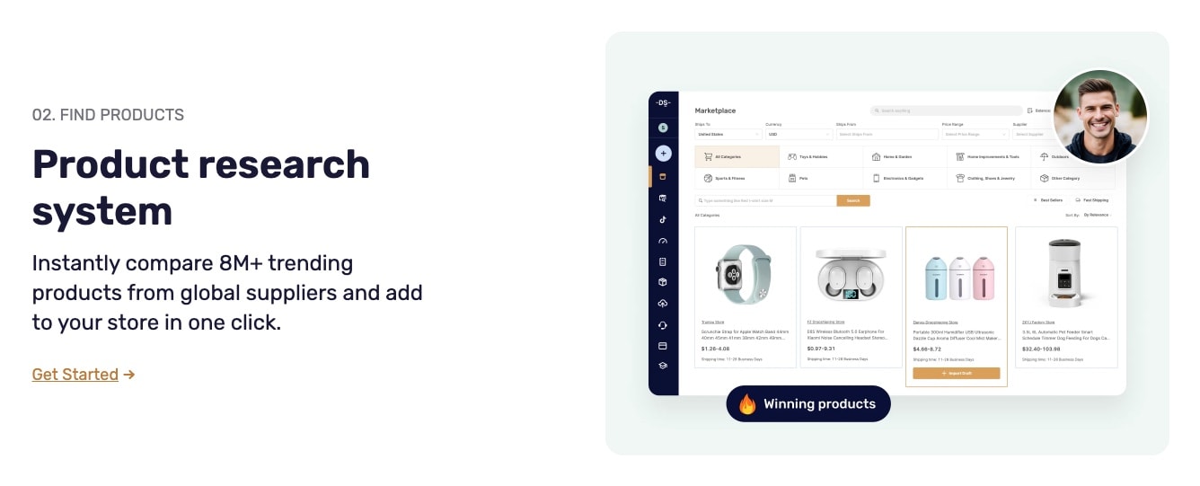 AutoDS product research interface displaying 8M+ trending products with winning products badge and user avatar